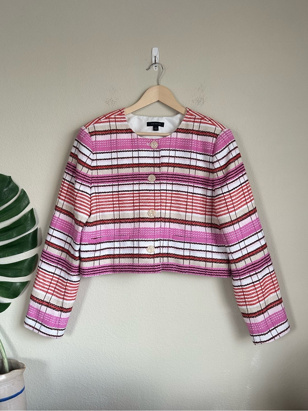 Ann Taylor 2025 Pink Tweed Stripe Blazer Jacket
